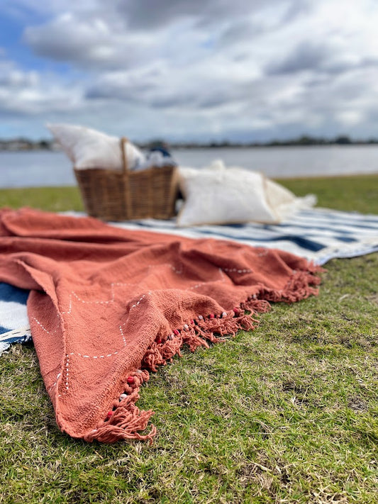 Picnic setting with picnic basket and river in the background, and in focus, details of a rust throw rug
