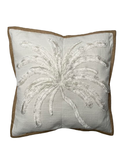 White Linen Cushion with large white hand sewn palm tree detailing and brown border