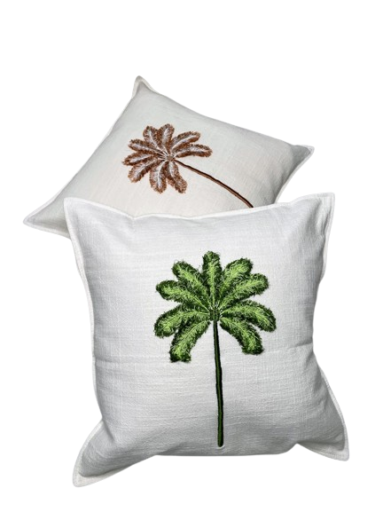 Two linen cushions with hand sewn palm tree details