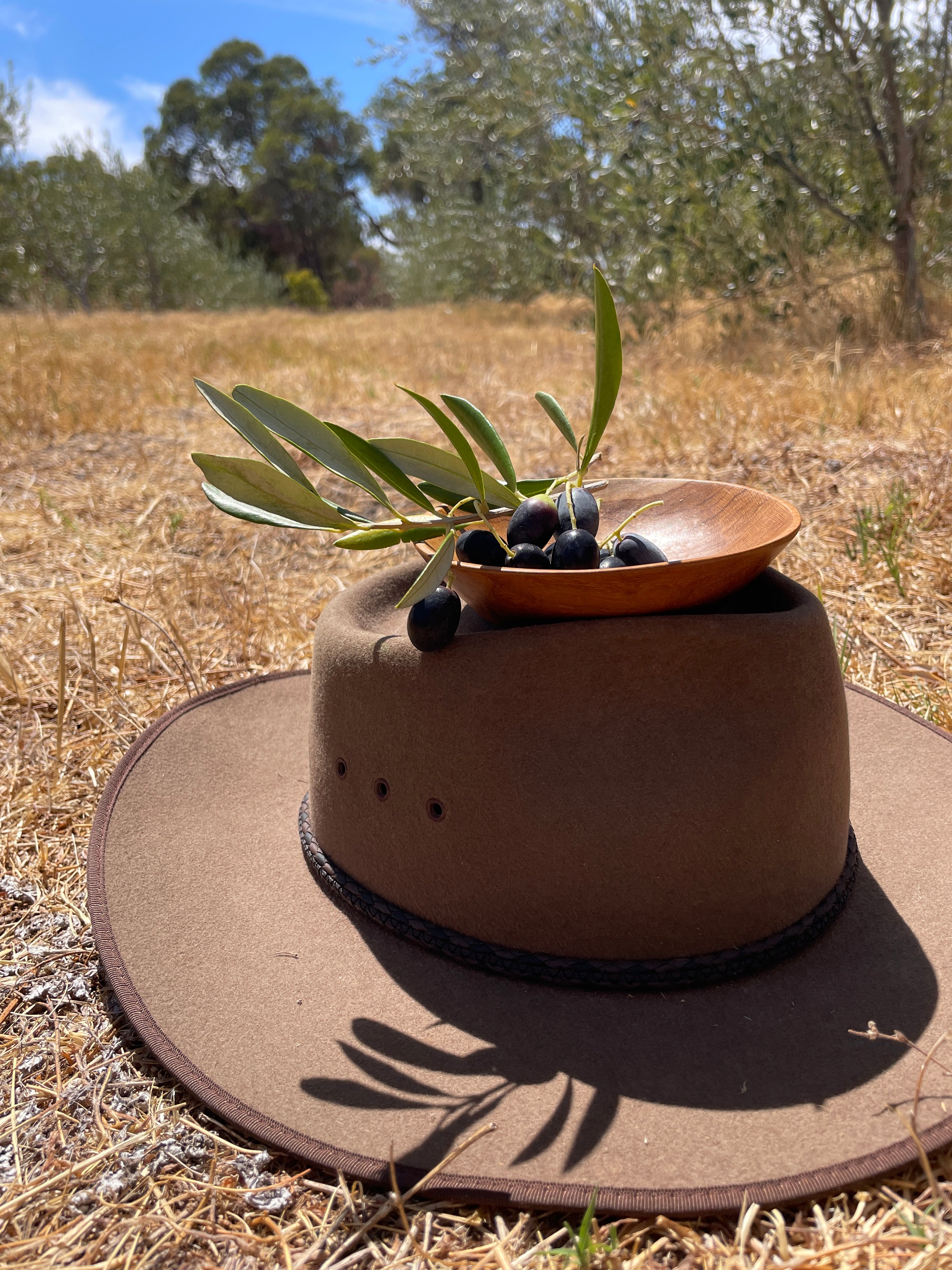 Australian outback with a small bowl with olives on top of a hat