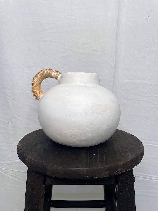 Short round white pottery vase pot with single rattan wrapped handle