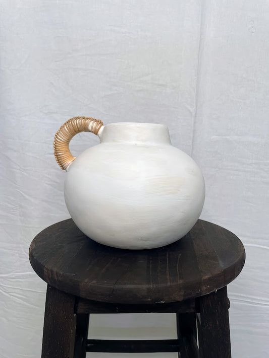 Short round white pottery vase pot with single rattan wrapped handle