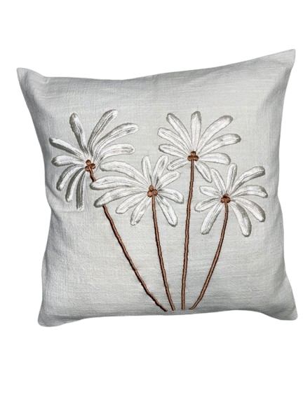 White Linen cushions with hand sewn palm trees on the front