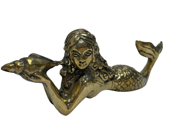 Large brass mermaid laying on side with shell to ear