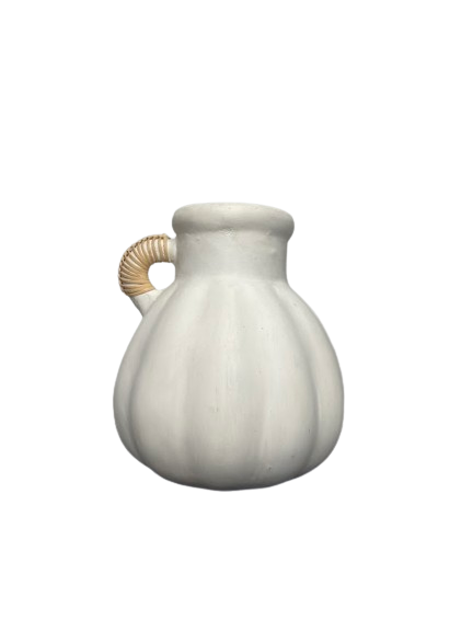 White pottery vase with pumpkin body shape and a single rattan wrapped handle