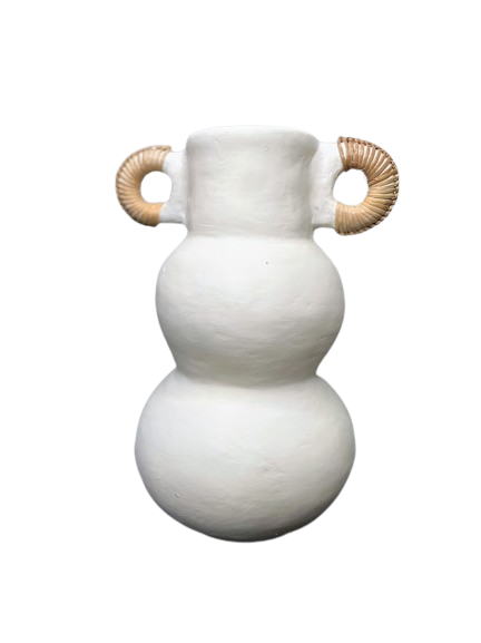 Tall white pottery vase pot with two small rattan wrapped handle on the top of the pot