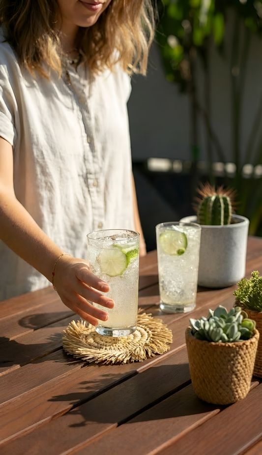 Women reaching for a glass in an outdoor setting
