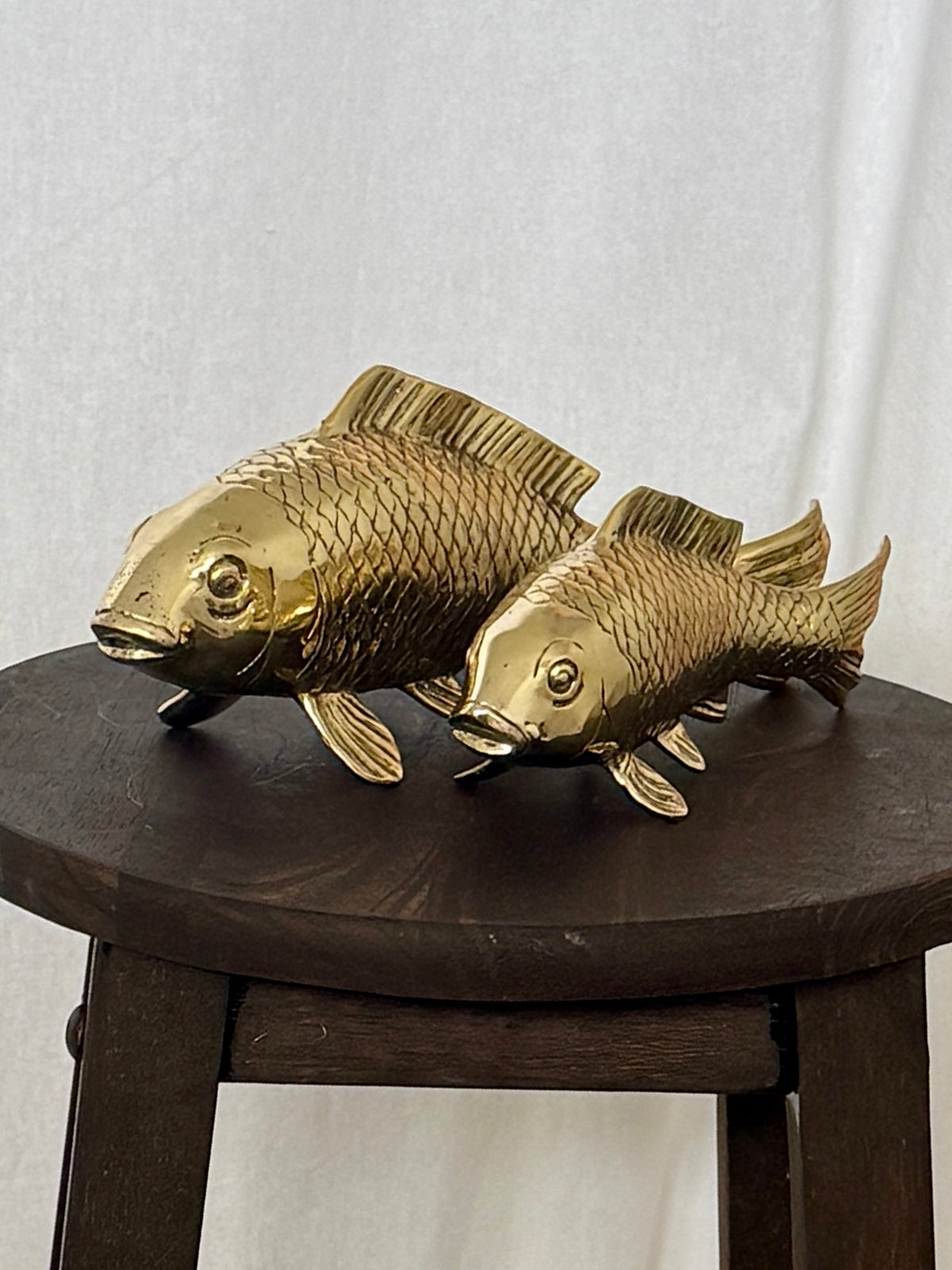 Two brass koi fish sculptures displayed on a dark wooden stool backdrop.