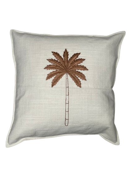 White Linen Cushion with a brown sewn detail on front