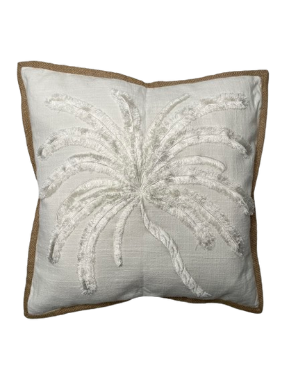 White Linen Cushion with large white hand sewn palm tree detailing and brown border 