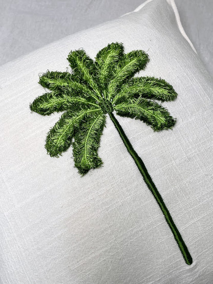 Green Palm Tree hand sewn on to a white linen cushion cover