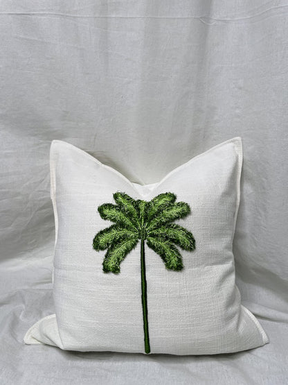 Elegant white linen cushion with a hand embroidered green Palm Tree