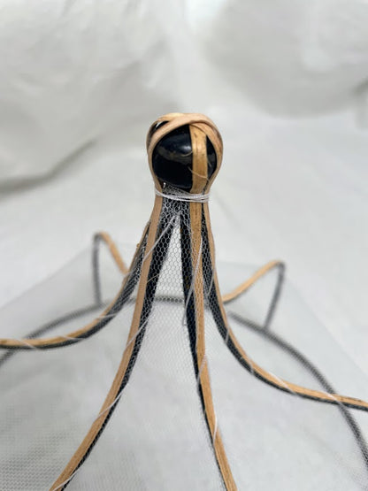 Close up details of top of rattan and mesh food cover