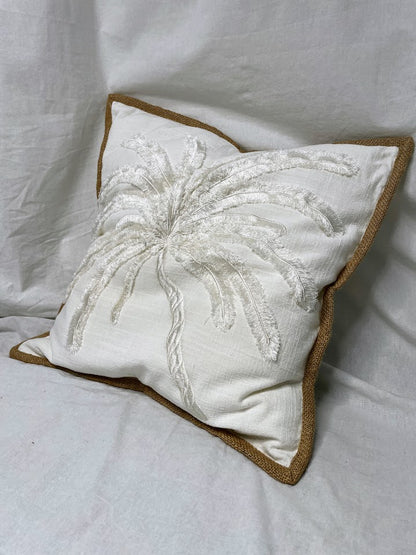 White Linen Cushion with large white hand sewn palm tree detailing and brown border 