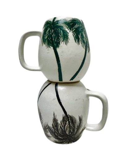 Unique hand crafted coffee cups with detailed hand painted palm trees
