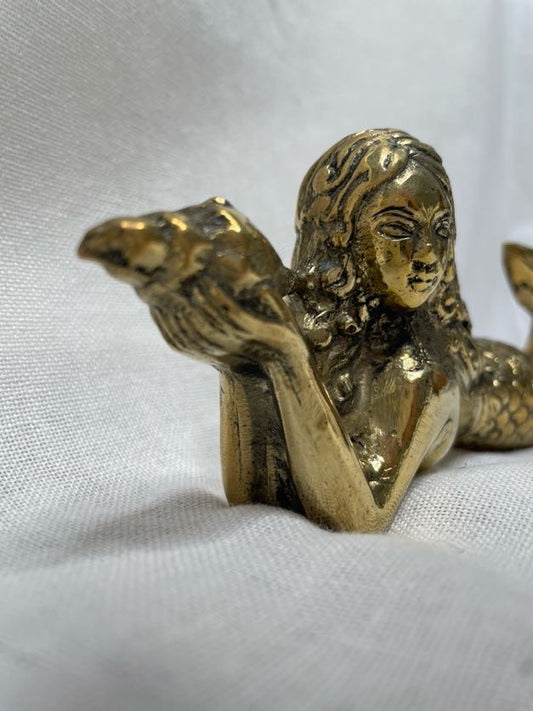 Close up face details of mermaid on side, holding shell