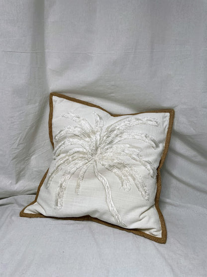 White Linen Cushion with large white hand sewn palm tree detailing and brown border 