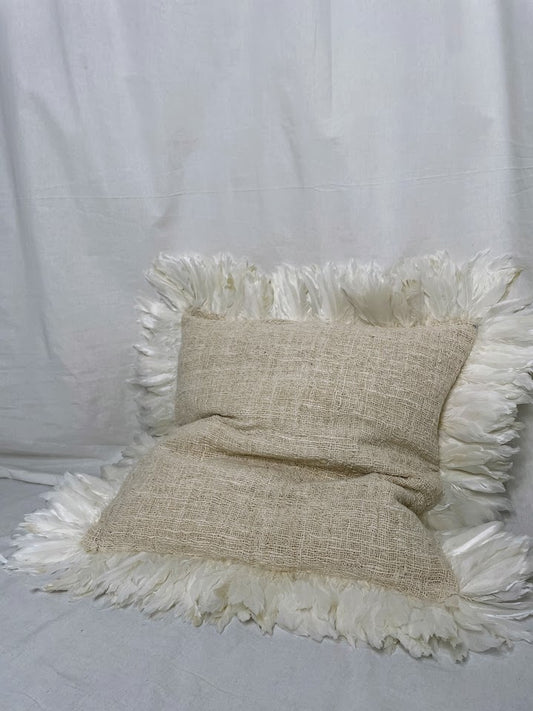 Large Natural Linen Cushion Cover with White Feather Border