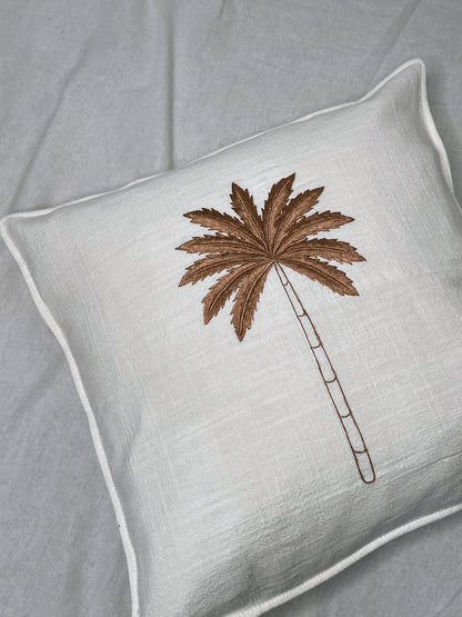 White Linen Cushion cover with single brown hand sewn palm tree detail
