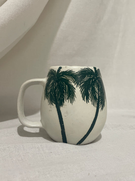 White hand made mug with hand painted forest green palm tree