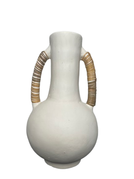 Tall pottery vase in white with two large handles either side, wrapped in rattan