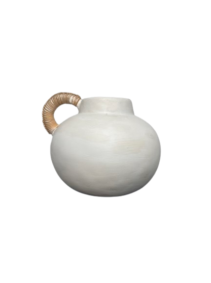 Short round white pottery vase pot with single rattan wrapped handle