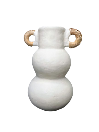 Tall white pottery vase pot with two small rattan wrapped handle on the top of the pot